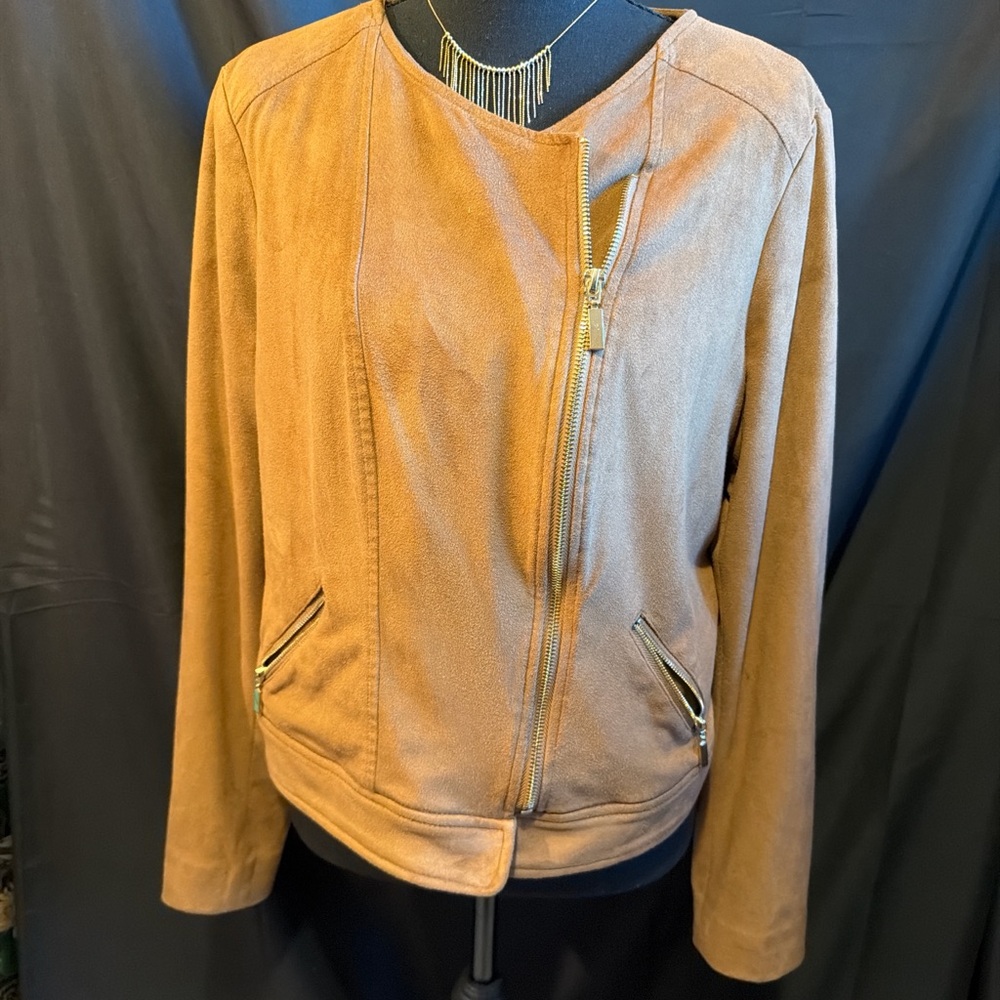 Thalia Sodi Tan Bomber Jacket with Gold Zippers